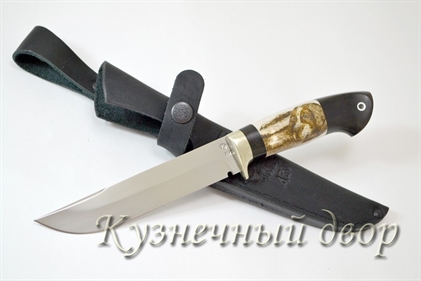 Нож "Засапожный" сталь -Х12МФ кованая, рукоять- мельхиор, рог лося с худ.оформлением, черный граб.
